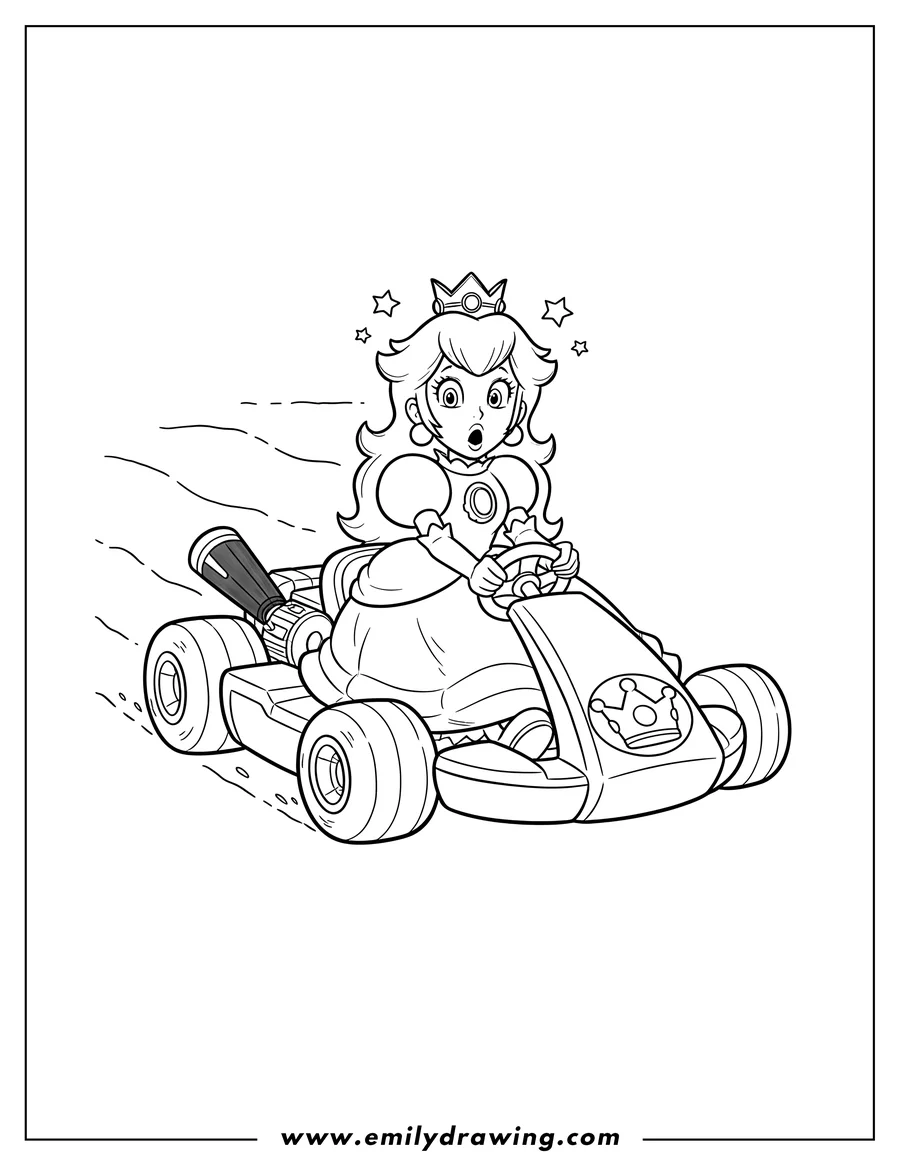 Coloring page of princess Peach From Mario Kart in her crown-emblazoned kart, looking surprised