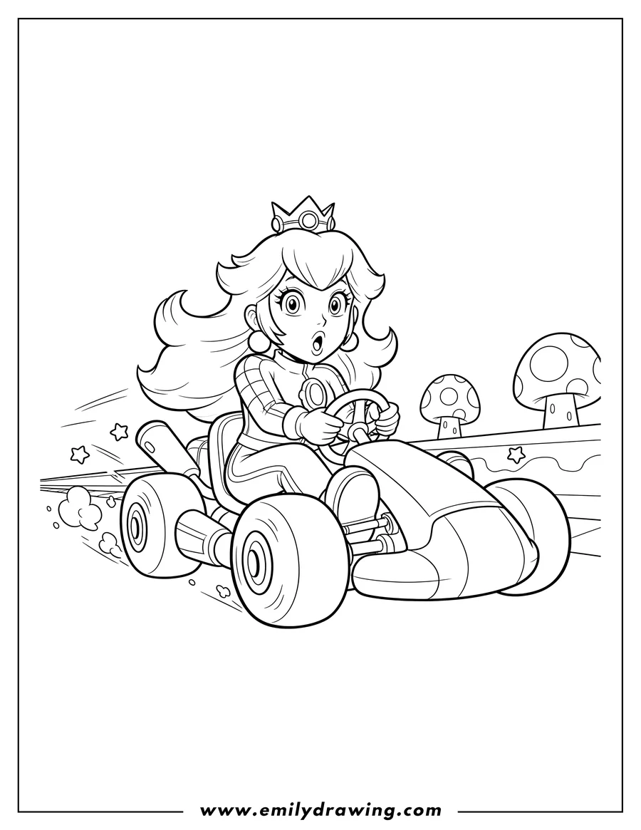 High quality printable princess Peach racing in a go-kart with a surprised expression for coloring