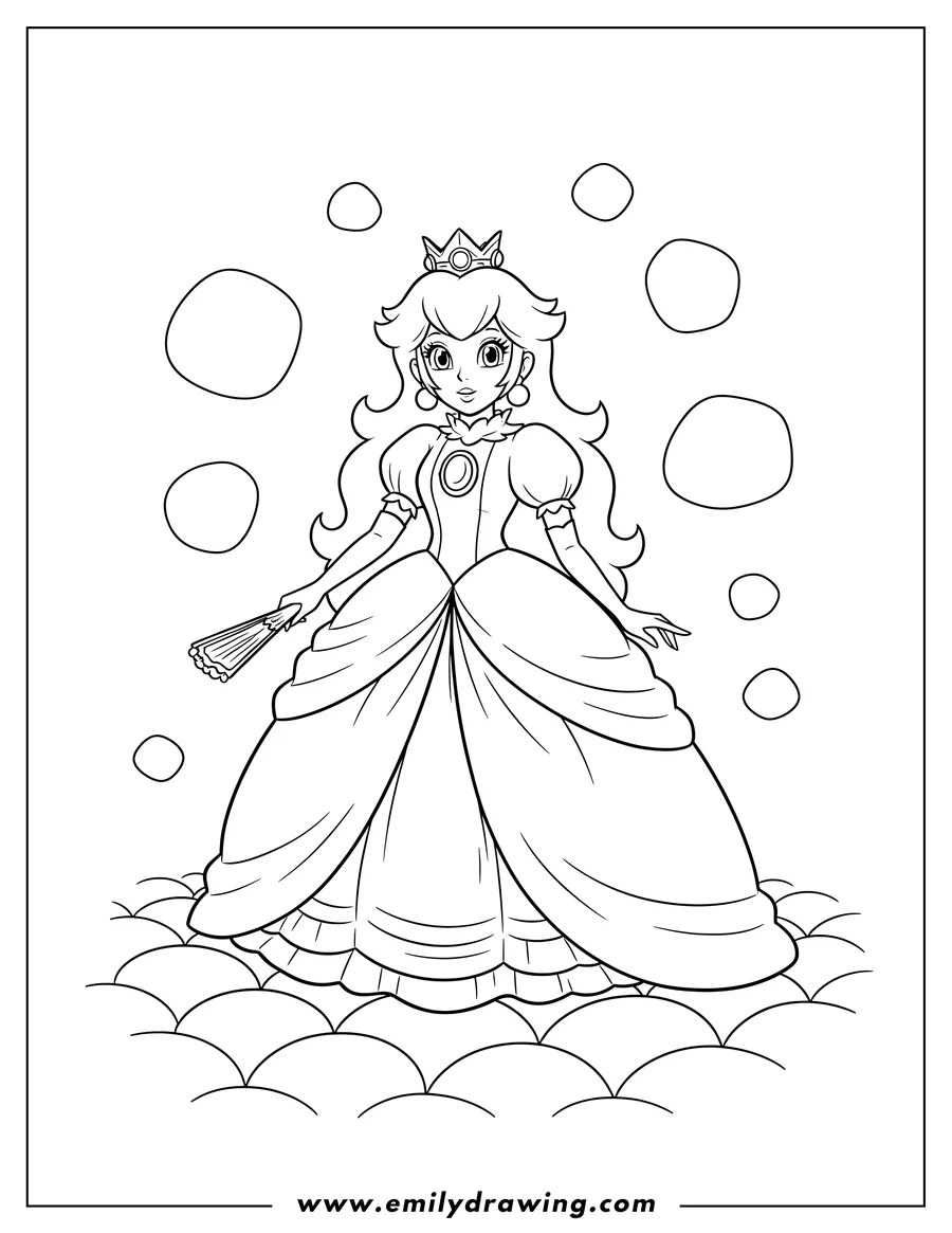 Linear illustration of laughcreate 9 Scaled, Princess Peach standing elegantly in her royal gown