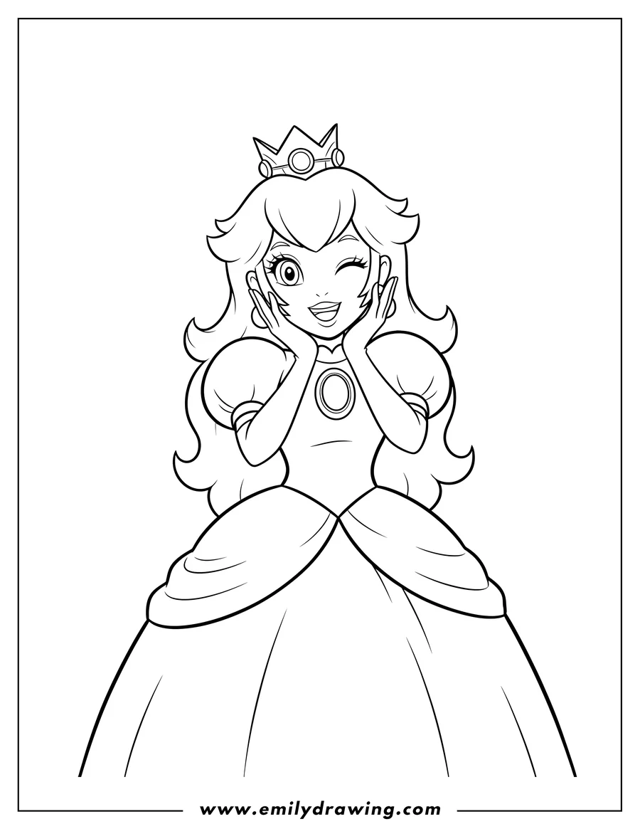 Free to print drawing of princess Peach winking and smiling with her hands on her cheeks