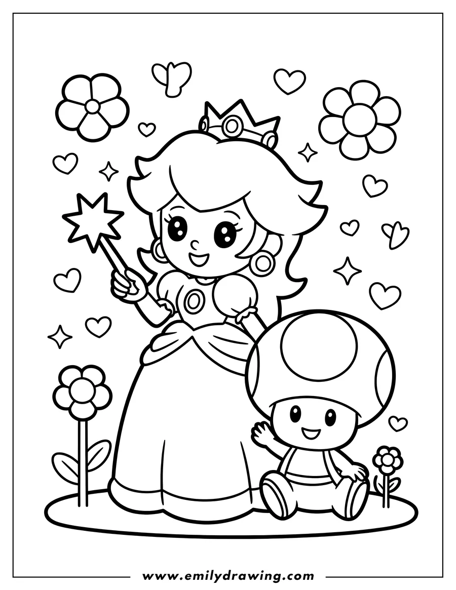 Outline of Princess Peach wearing a crown and holding a star wand, standing next to a smiling Toad character, surrounded by hearts, stars, and flowers.