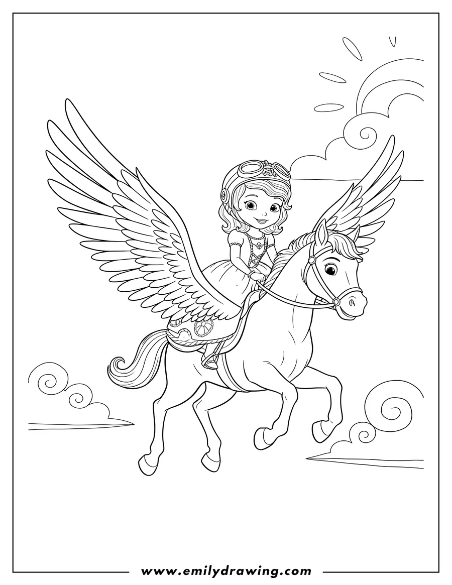 Coloring page for kids: princess Sofia wearing a helmet, flying on winged Minimus in the sky
