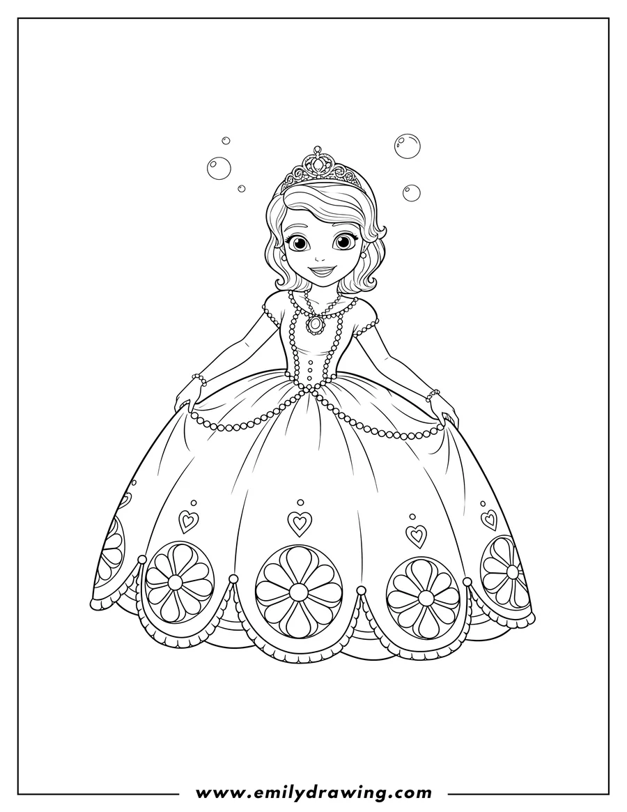 Coloring sheet featuring princess Sofia smiling and holding her dress while curtsying