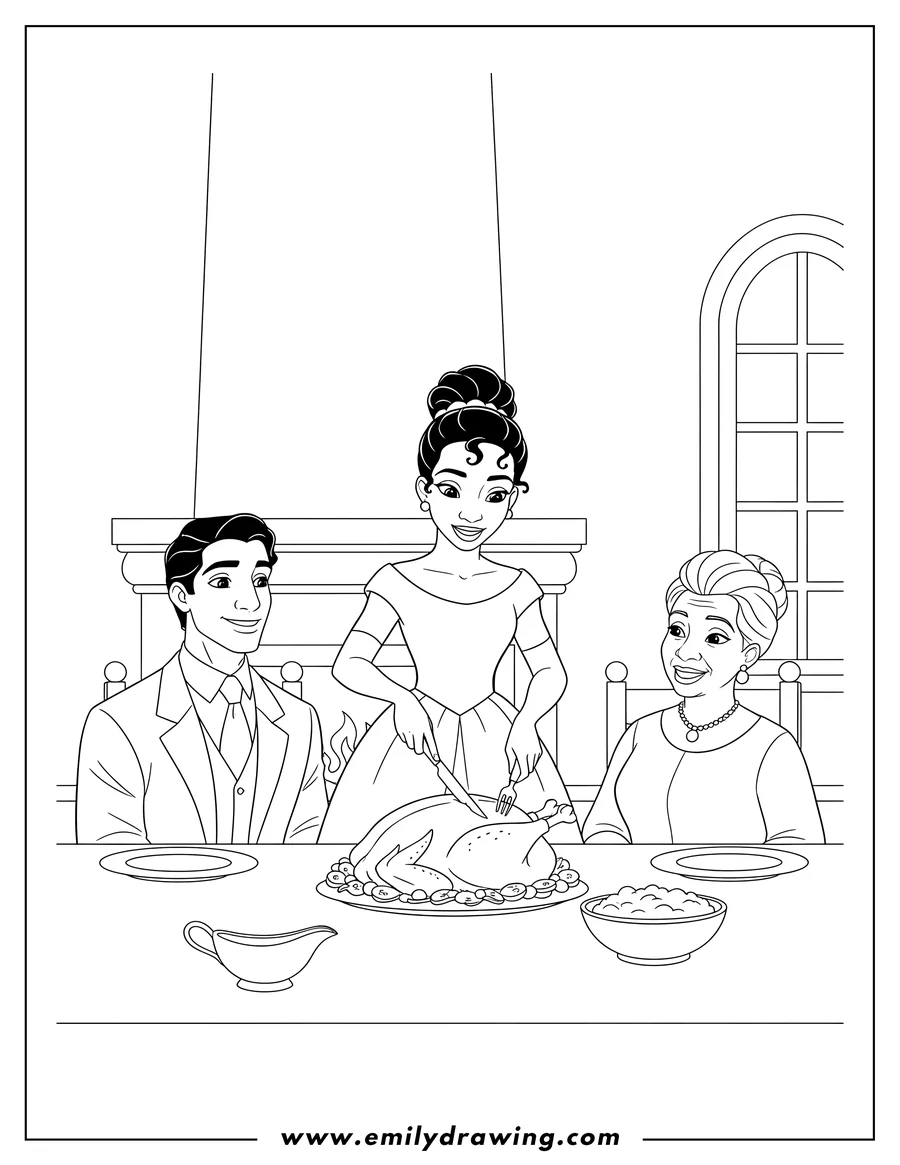 Full page coloring image of princess Tiana carving a turkey with Prince Naveen and Eudora watching at Thanksgiving dinner