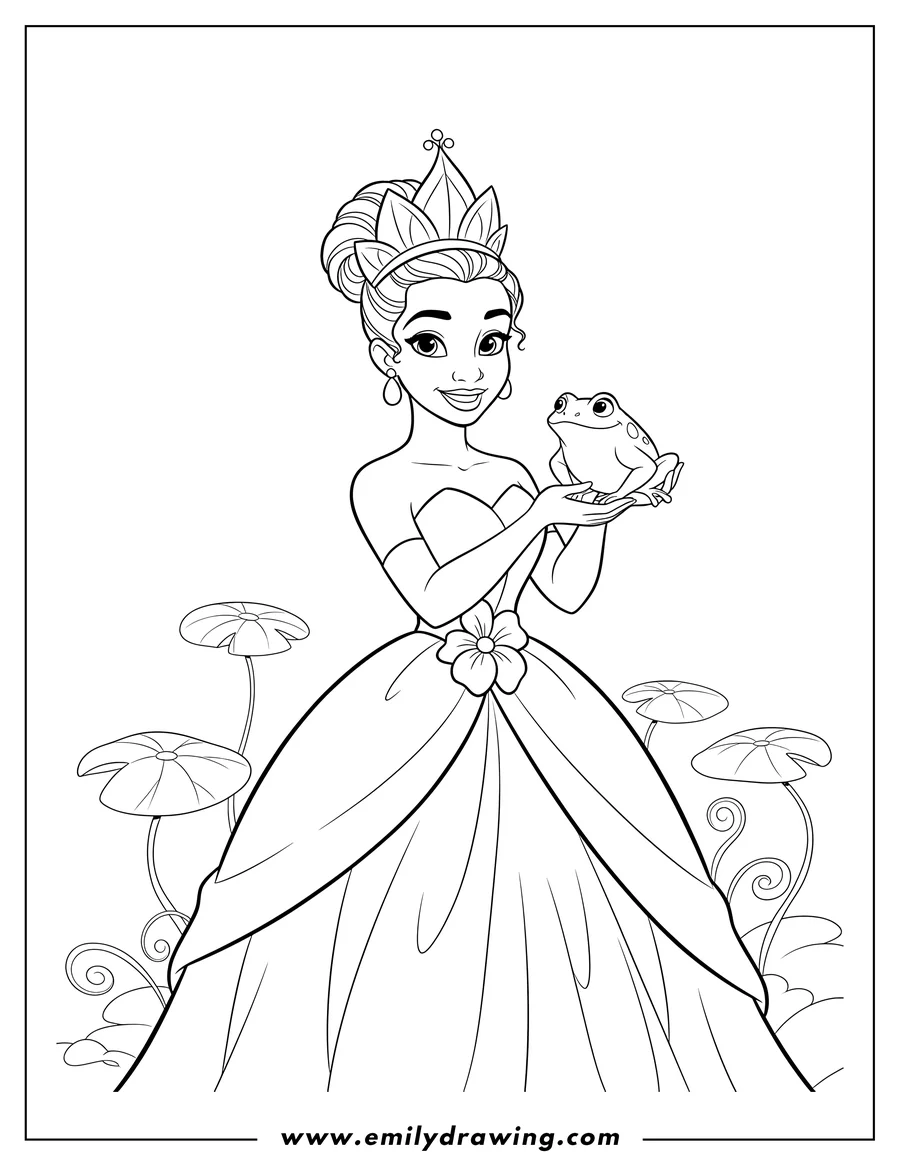 Coloring sheet featuring princess Tiana wearing a crown and holding a frog