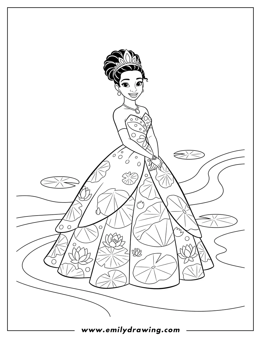 Downloadable coloring page of princess Tiana in her floral ball gown, smiling and wearing a tiara