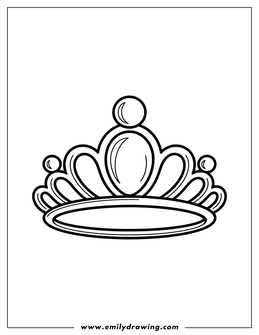 Line art of a princess tiara with several round gems and heart-like shapes.