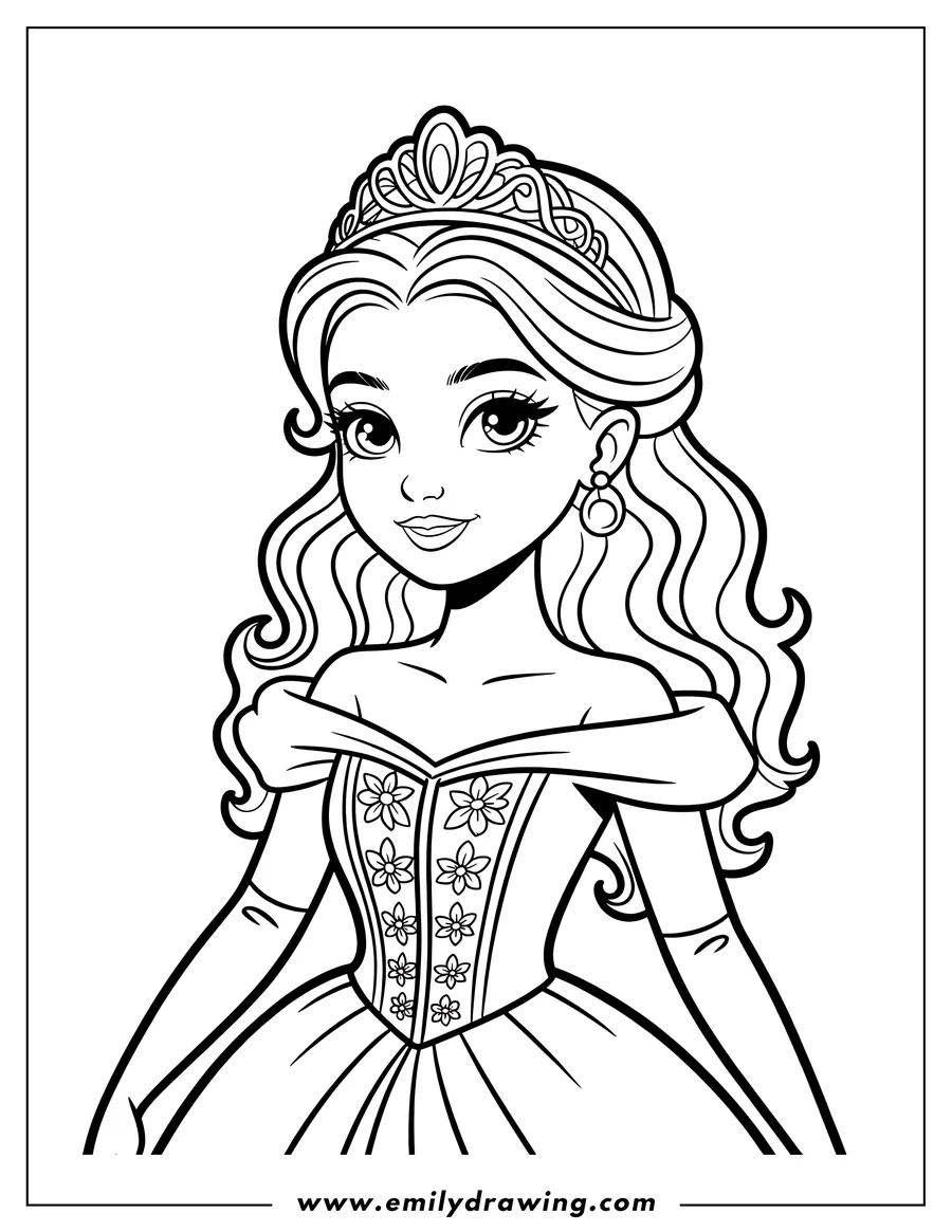 Line art of a cartoon princess wearing a tiara and an off-the-shoulder gown decorated with flowers