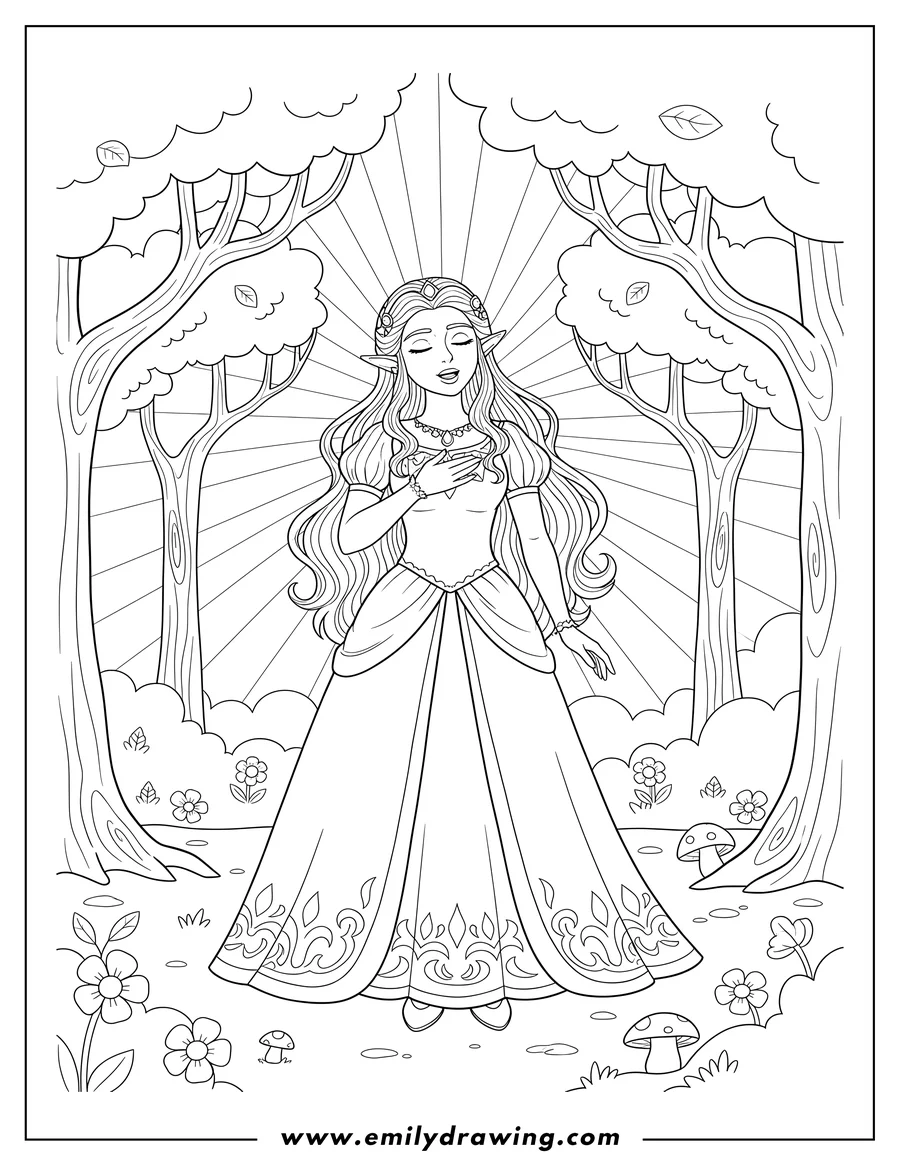 Coloring page of princess Zelda singing, with one hand over her chest, in a forest