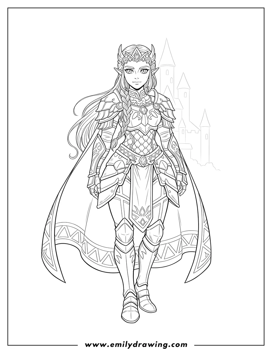 Coloring page for kids: princess Zelda Scaled, standing, wearing intricate royal armor