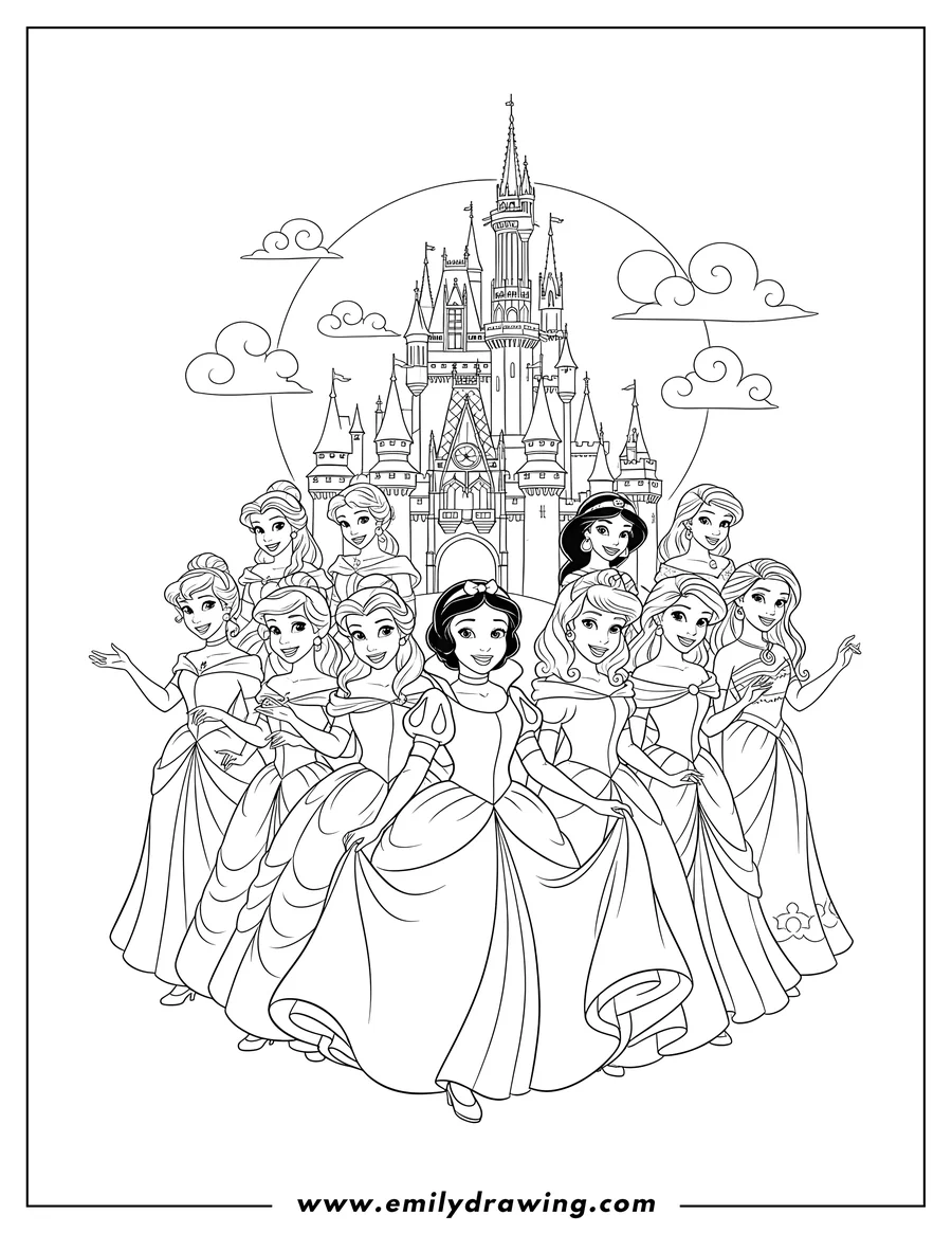 PDF style coloring page: many smiling Disney Princesses standing together in front of Walt Disney Castle