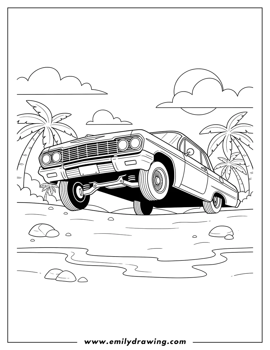 Clean line drawing: 1964 Chevy Impala hopping with its front wheels off the ground at beach