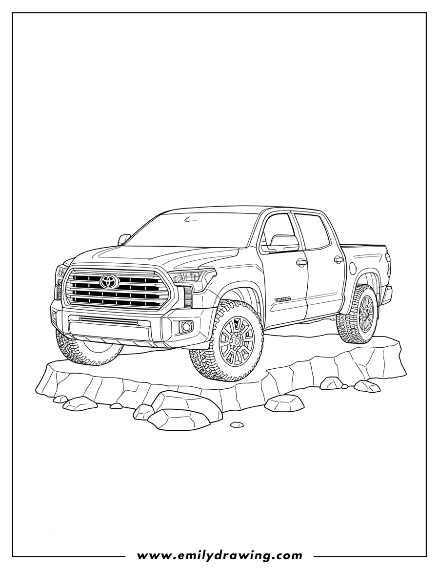 Black and white line art of 2022 Toyota Tundra pickup truck, front-side view, on rocky terrain