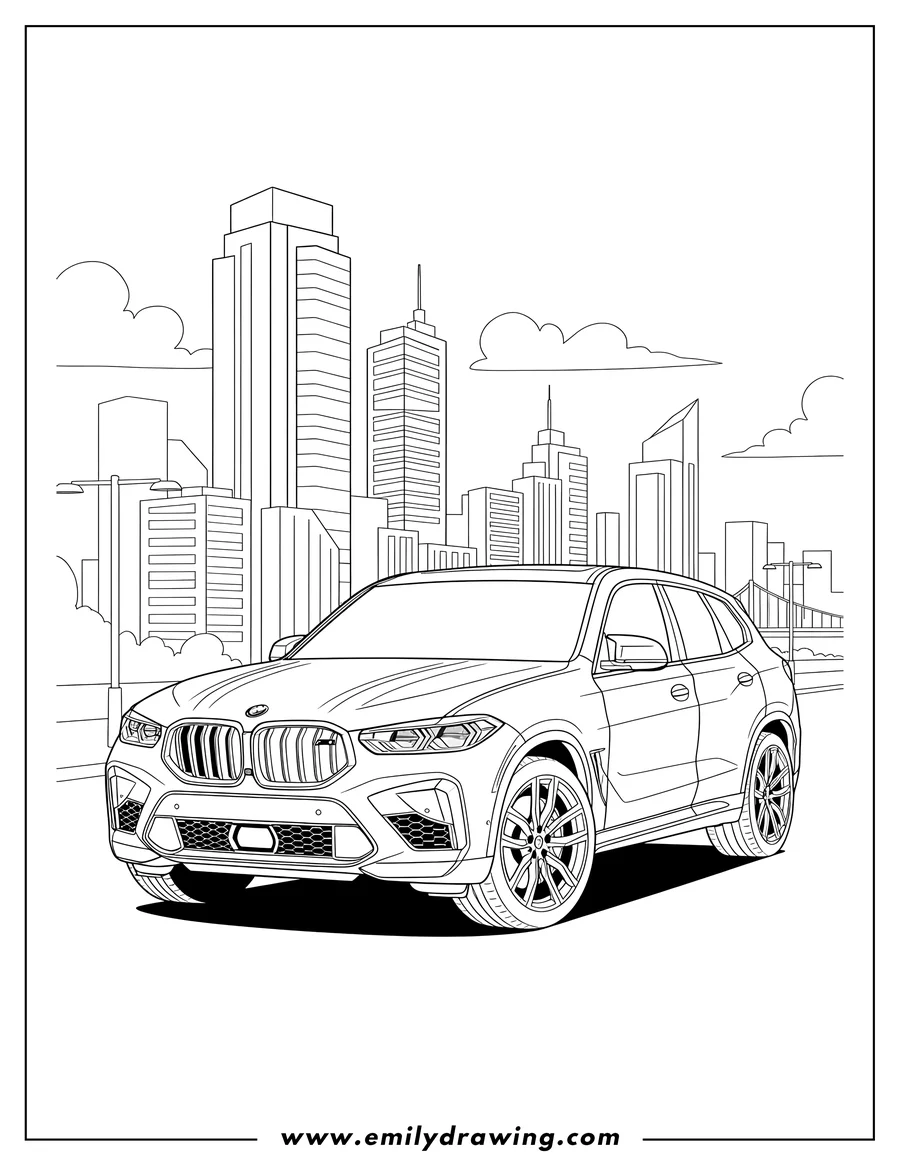 Coloring page for kids: A 2024 BMW XM Label Red SUV from the front-side in a city