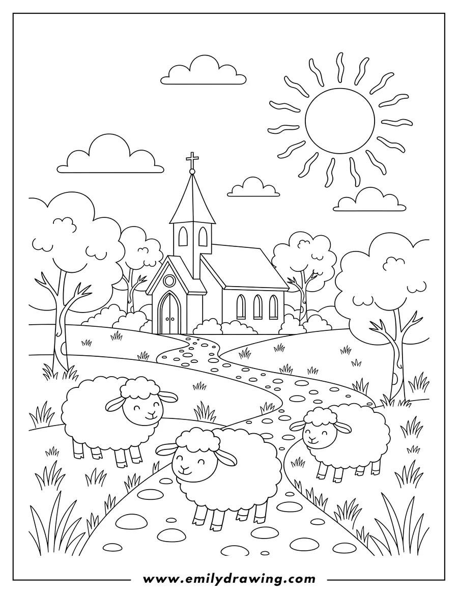 Doodle style coloring picture of A field with cute sheep walking on a path leading to a countryside church with a cross, surrounded by trees and clouds