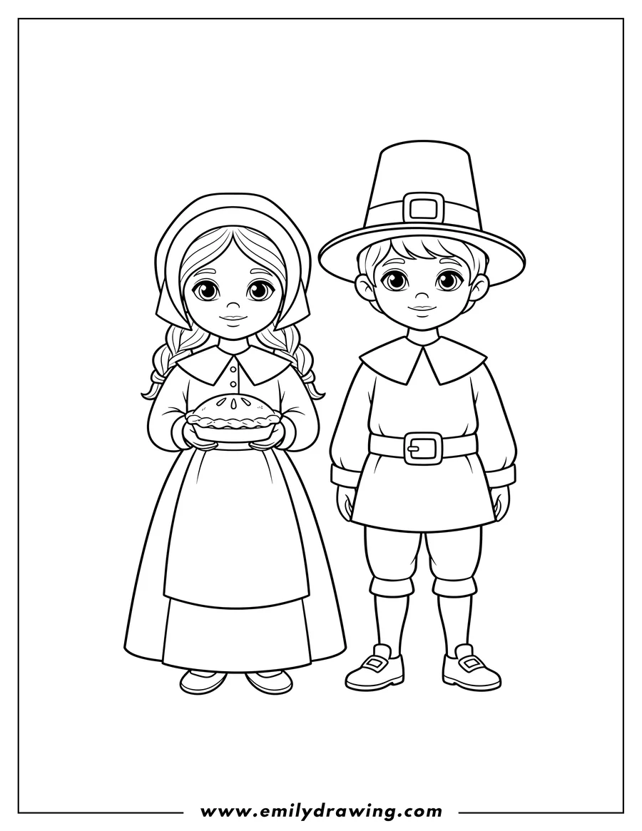 Coloring page of adorable Girl And Boy Pilgrims standing, girl holding a small pie