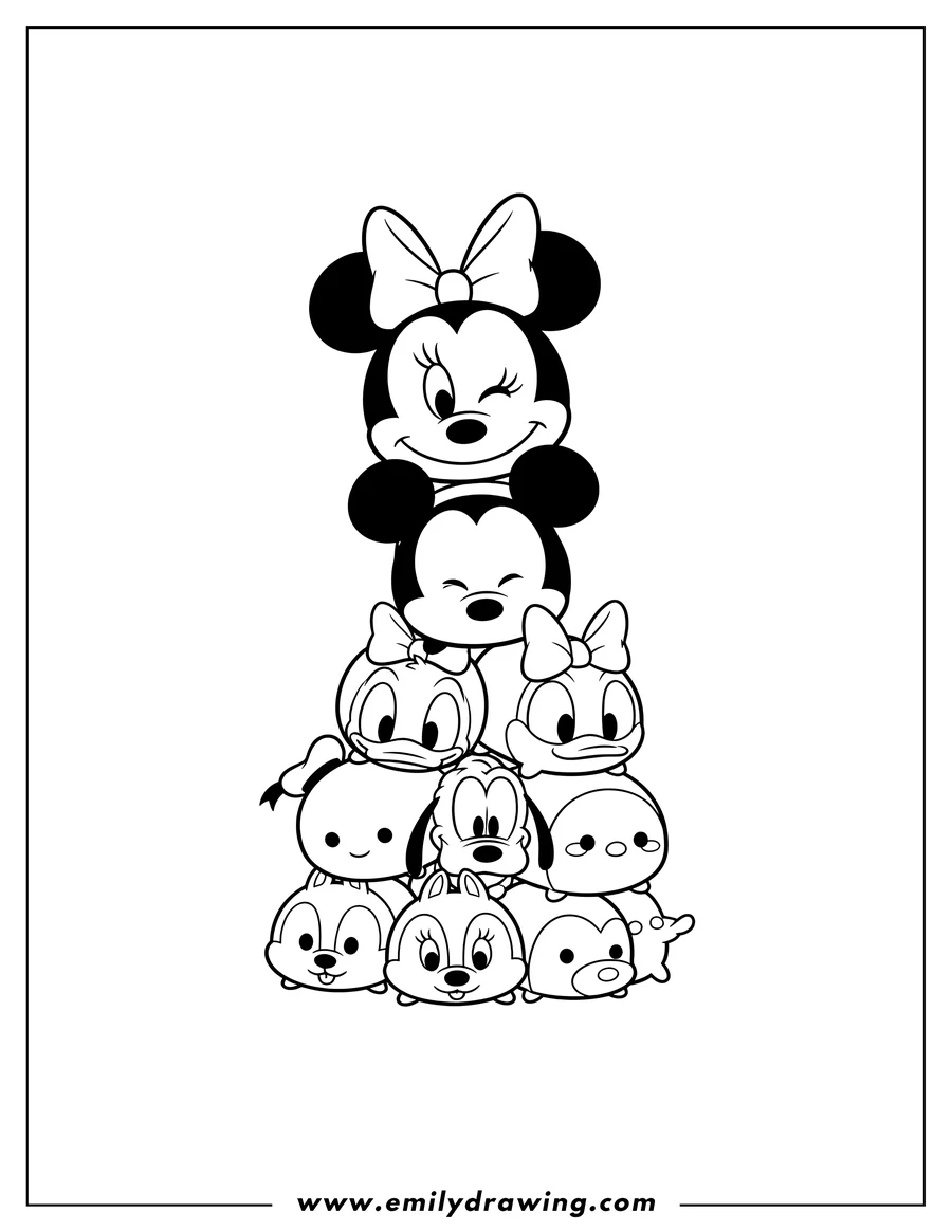 Downloadable coloring page of adorable Large And Small Tsum Tsum characters stacked, with Minnie Mouse winking