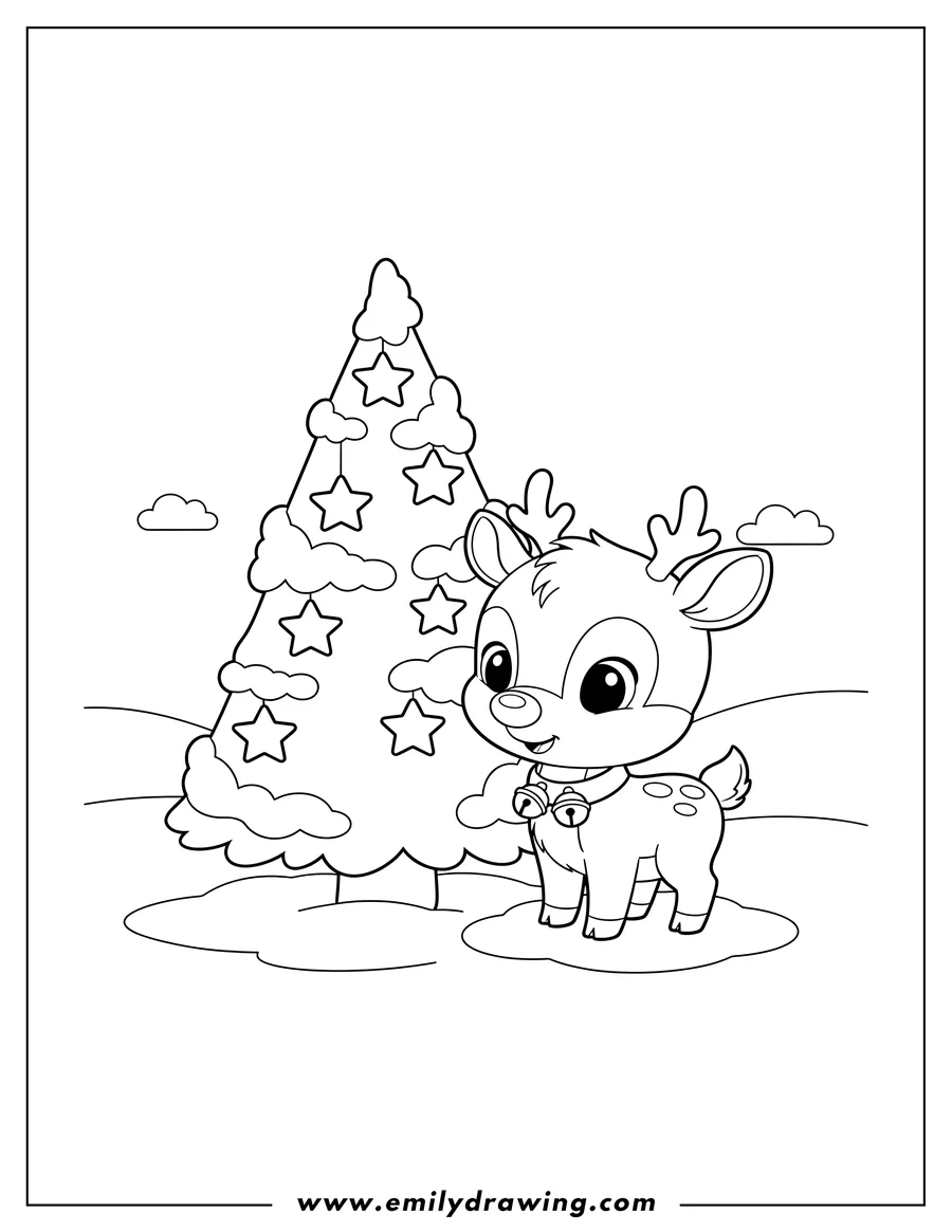 Coloring page for kids: adorable Little Rudolph standing beside a Christmas Tree decorated with stars and covered in snow