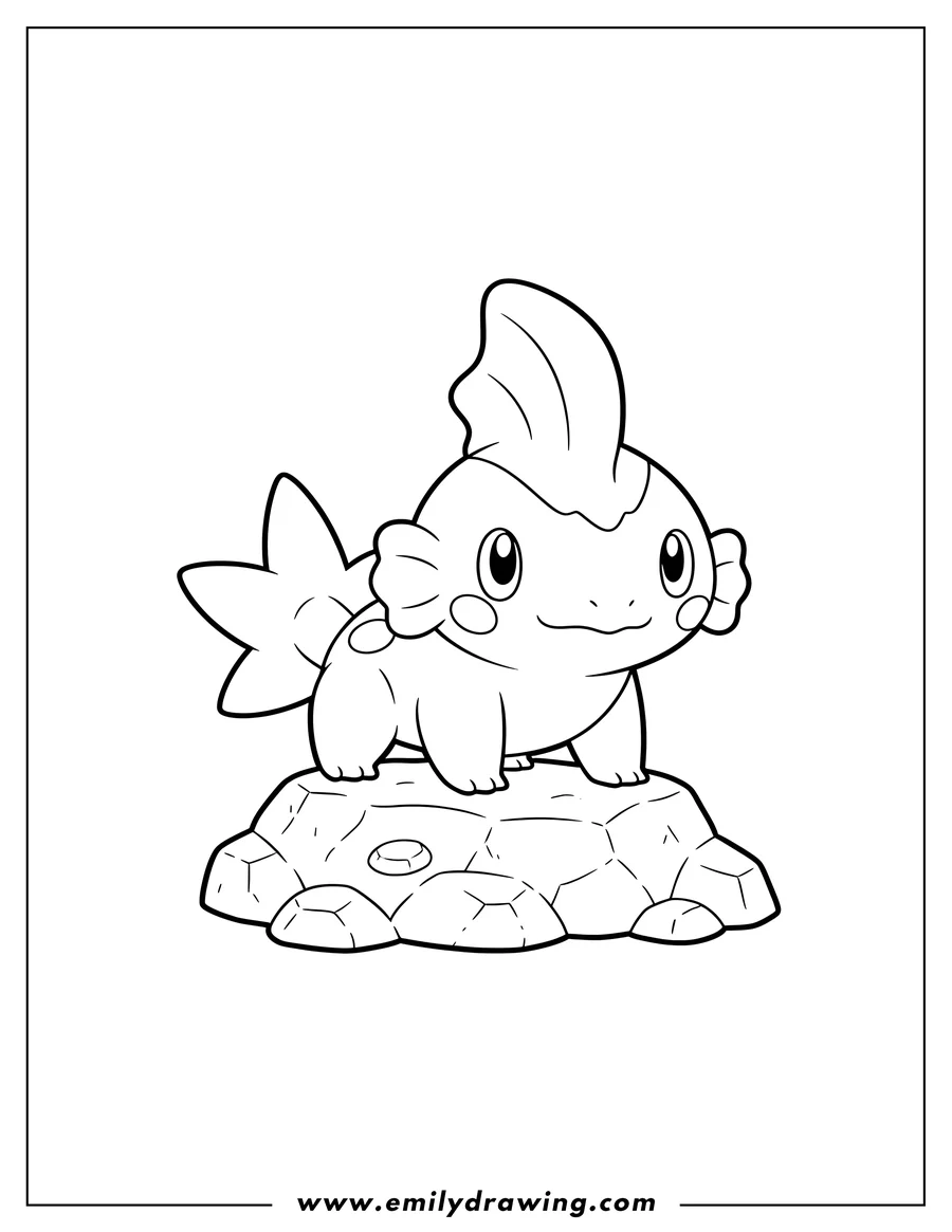 Printable coloring page of adorable Mudkip with a prominent head fin and star-shaped tail, standing on a rock
