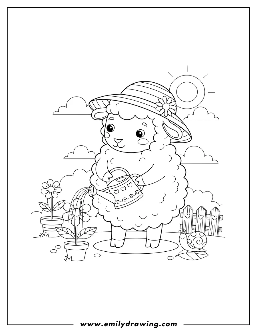 Coloring sheet featuring adorable Sheep With Watering Can Garden, watering a flower while wearing a hat