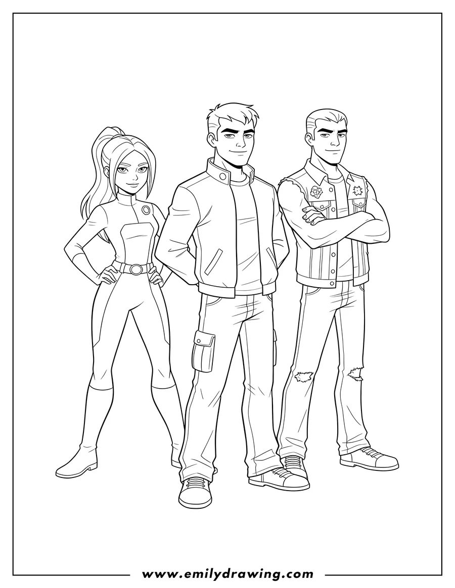 Printable line art of adult Ben Tennyson with hands behind his back, Gwen Tennyson with hand on hip, and Kevin Levin with arms crossed