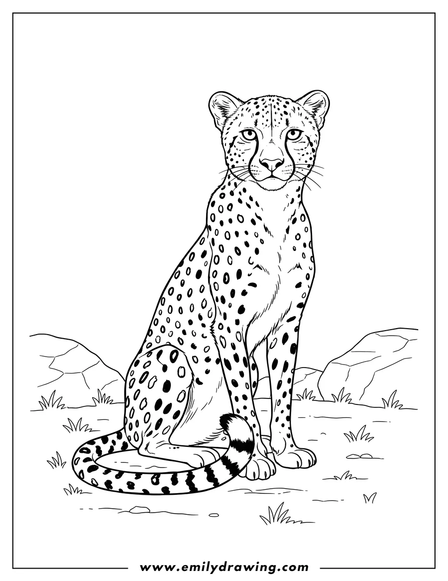 Full page coloring image of adult Cheetah Sitting Down, looking forward, with its tail curled