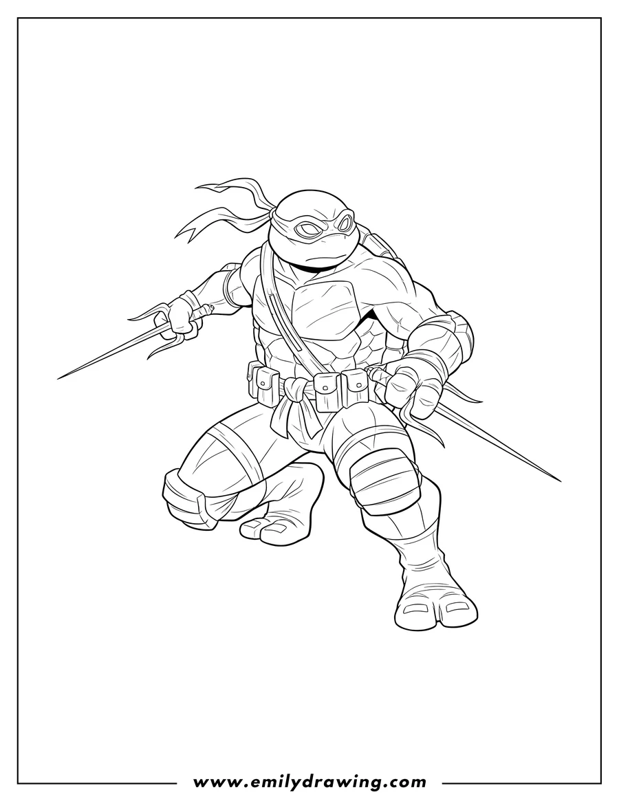 Vector style outline of adult Raphael Ninja Turtle Fighting With Twin Sai in a kneeling pose, wearing goggles