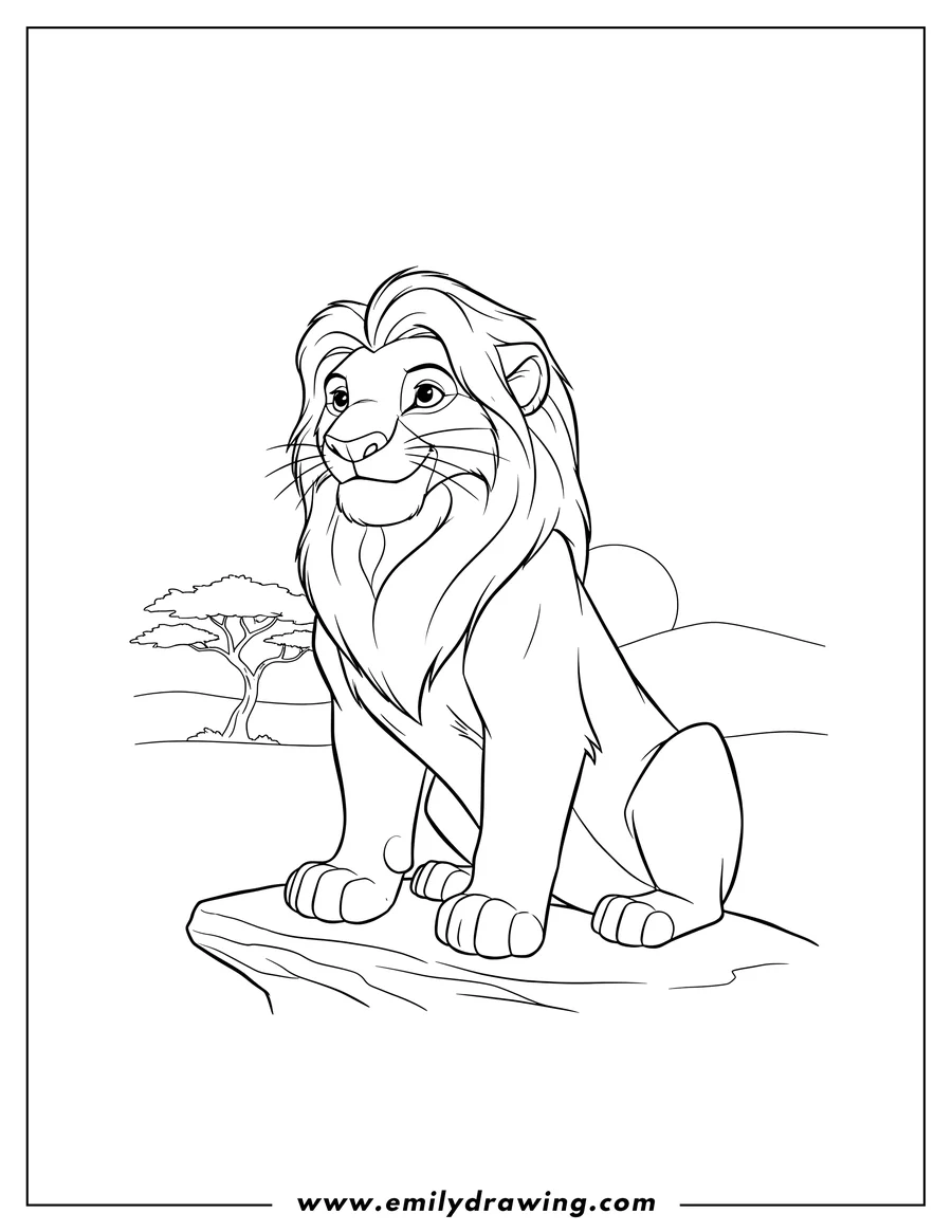 Clean line drawing: lion King: Adult Simba sitting