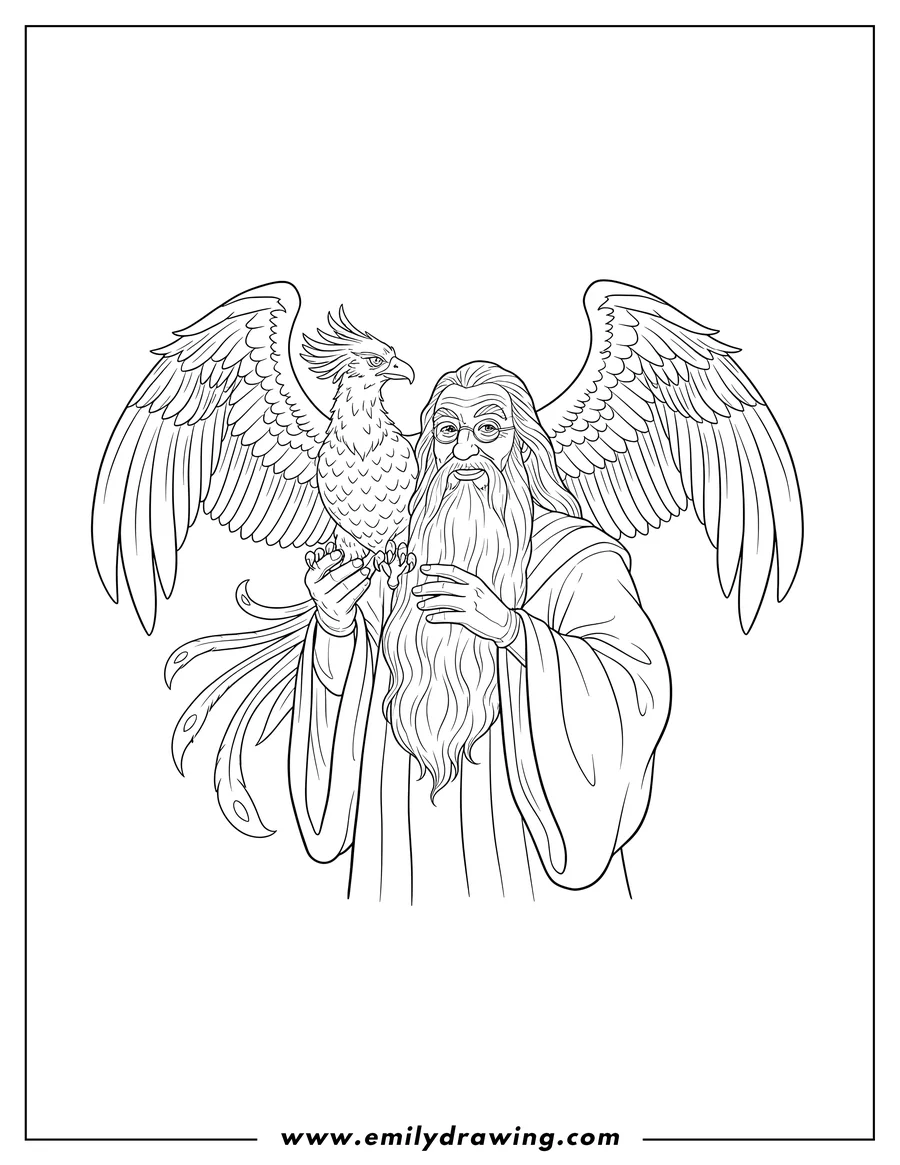 High quality printable outline Albus Dumbledore, with a long beard and glasses, holding a phoenix with spread wings for coloring