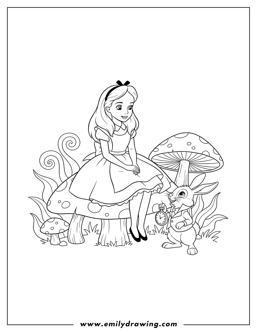 Coloring sheet featuring alice Wonderland With White Rabbit, Alice sitting on a mushroom while the White Rabbit stands near her