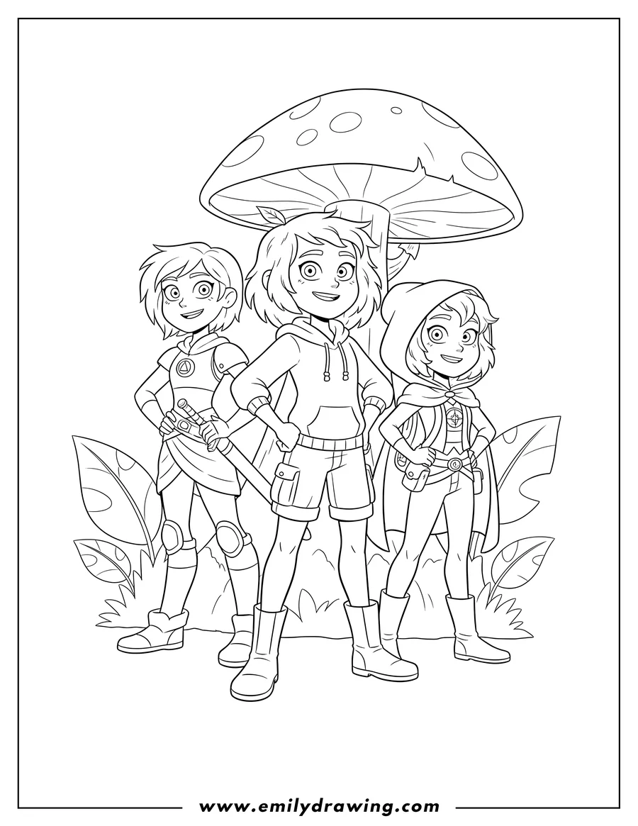 Downloadable coloring page of amphibia Disney: Anne, Sasha, and Marcy standing together in their adventure outfits