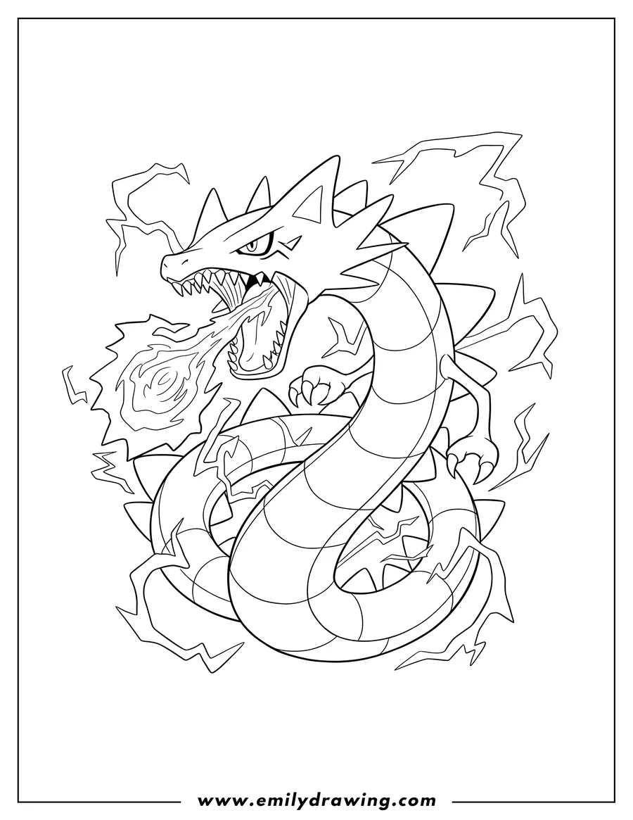 PDF style coloring page: angry Mega Rayquaza Attacking, mouth open, with lightning
