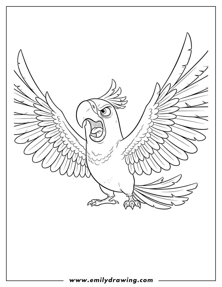Doodle style coloring picture of angry Nigel Rio, squawking with wings spread