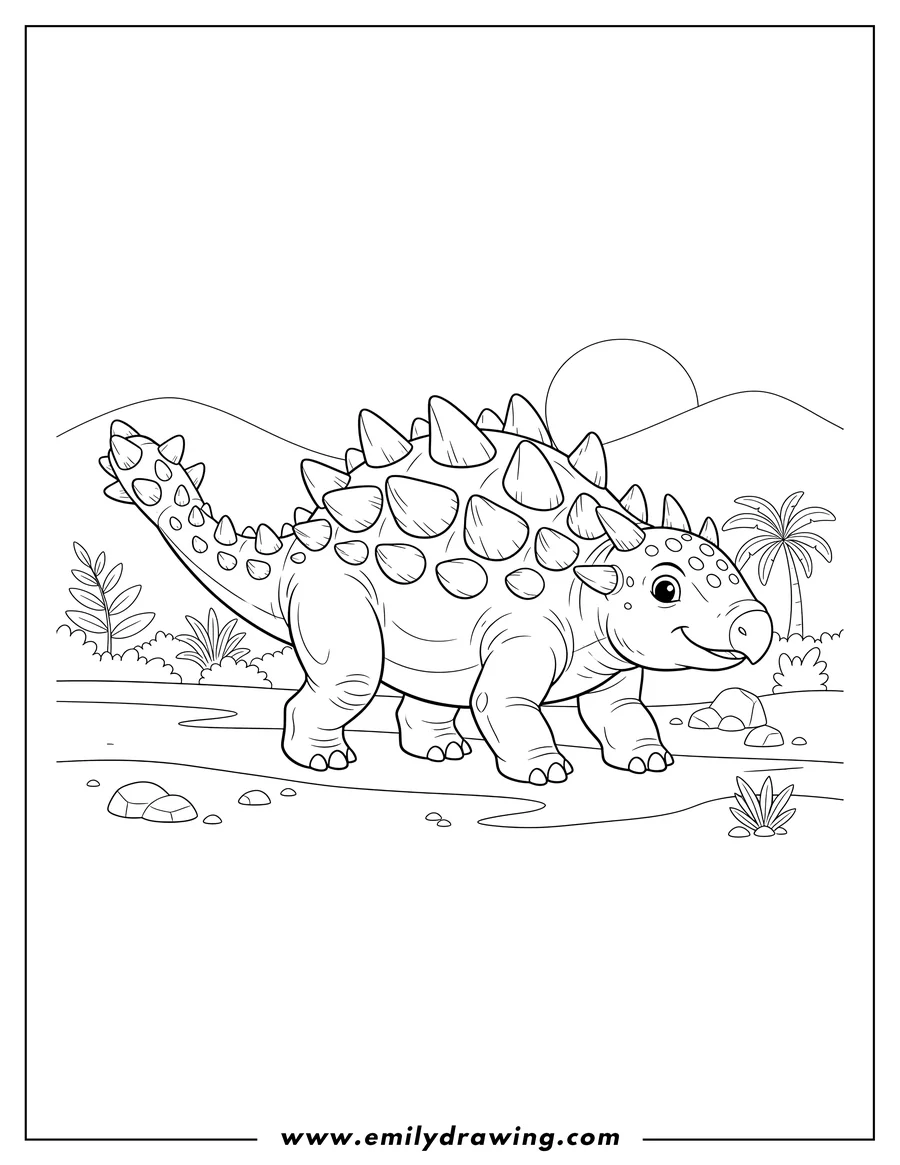 Printable coloring page of ankylosaurus with a spiky armored body, walking