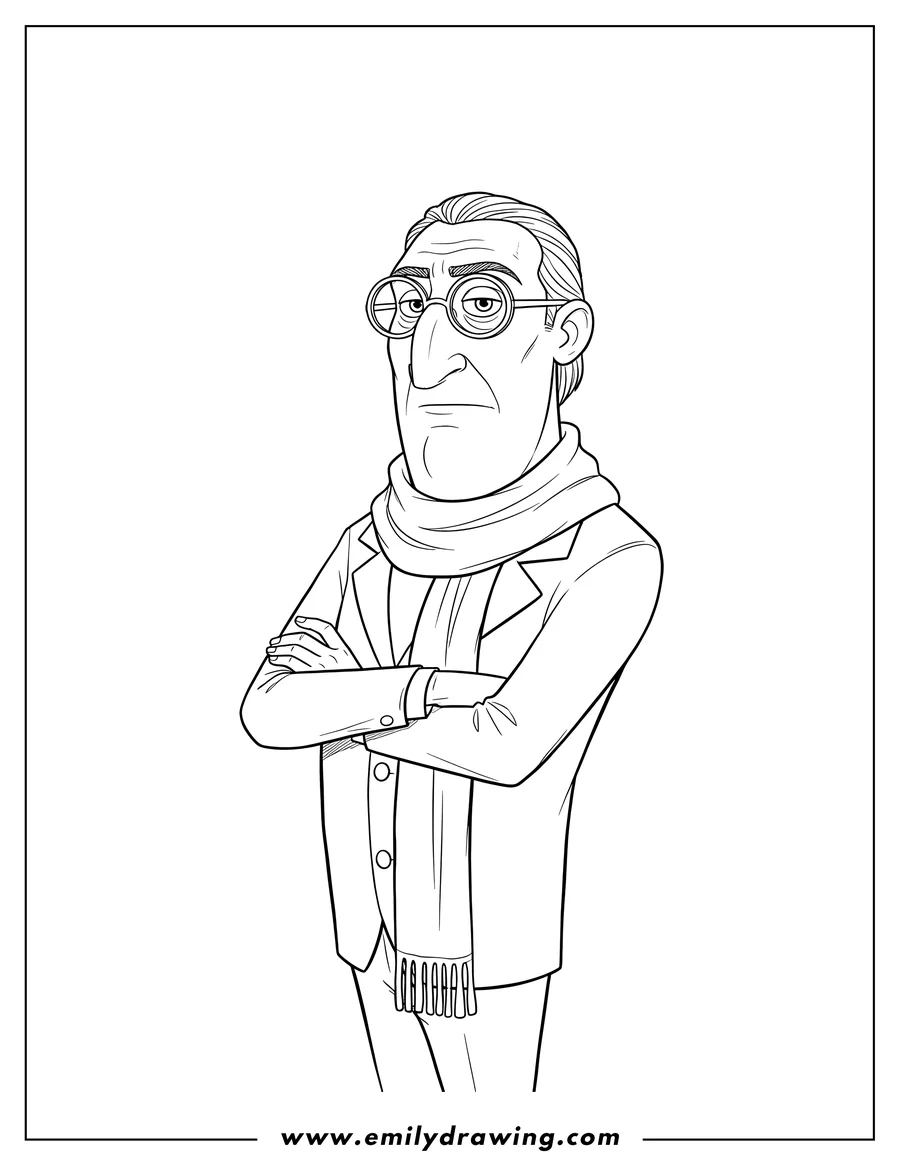 Free printable coloring sheet of anton Ego wearing glasses and a scarf, with arms folded