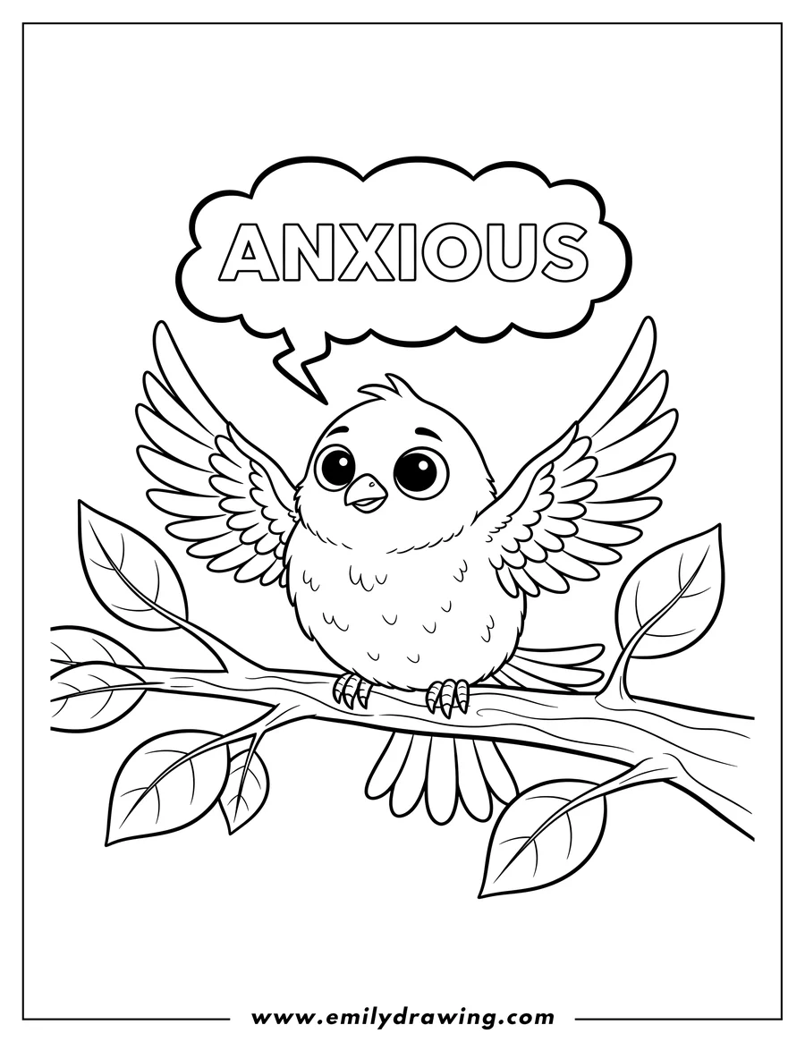 Coloring sheet featuring anxious bird on a branch, with spread wings and a speech bubble reading 'ANXIOUS', surrounded by leaves