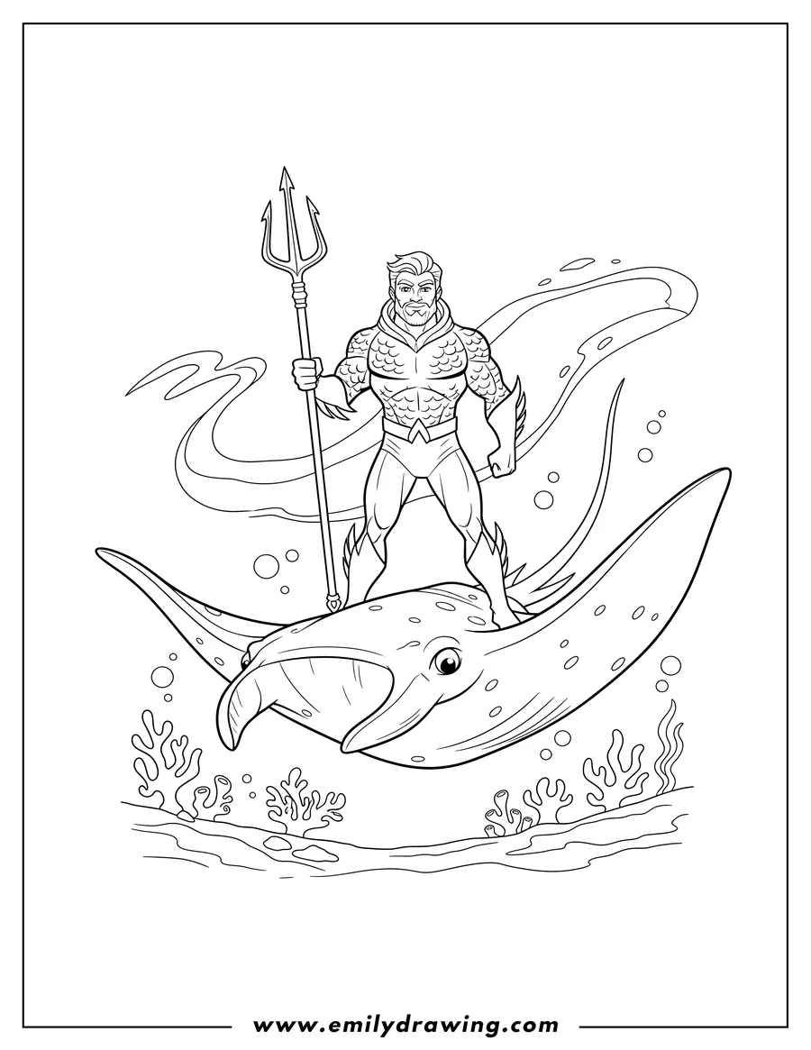 Coloring page for kids: aquaman standing on a manta ray and holding his trident