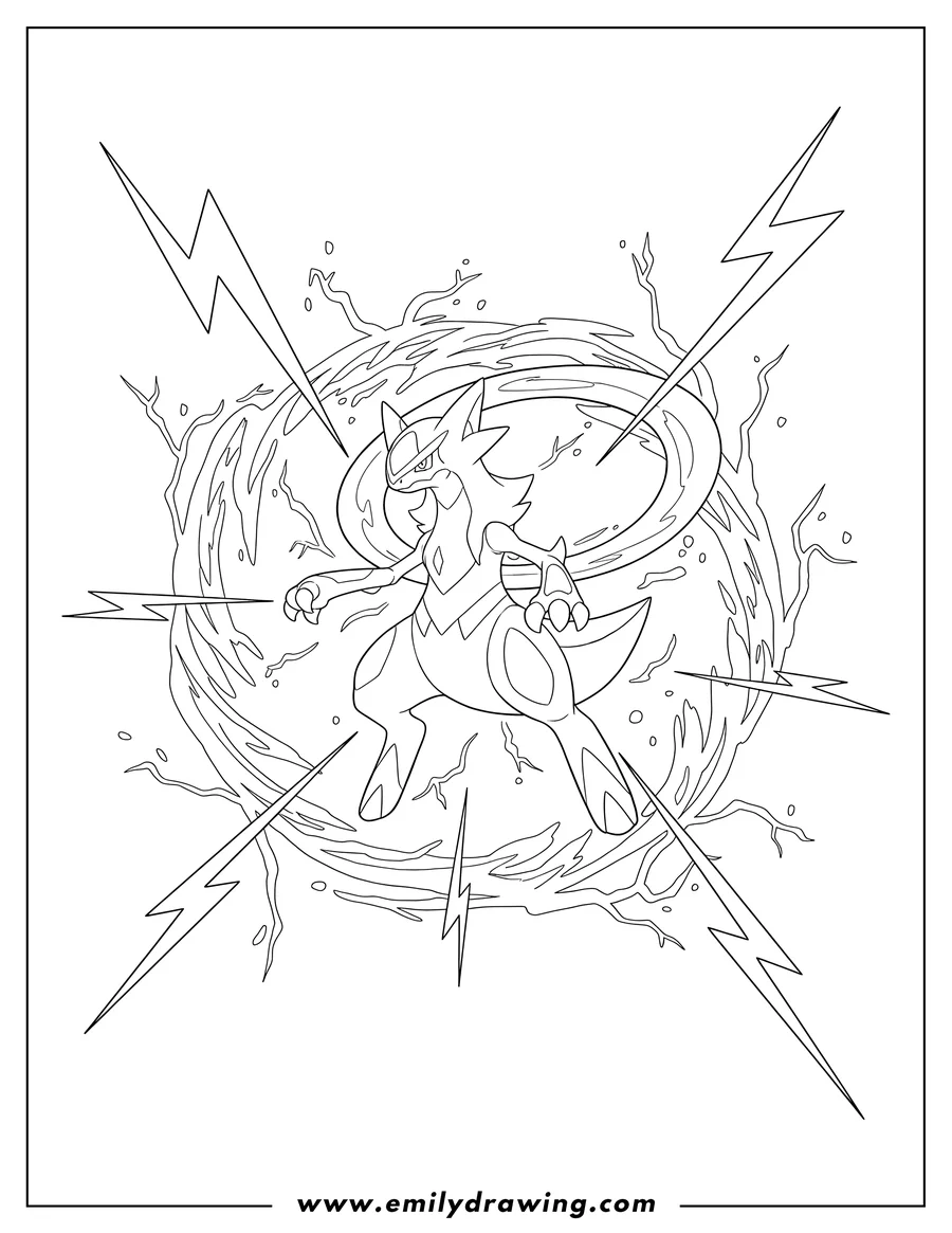 Doodle style coloring picture of arceus in a powerful pose, surrounded by lightning and an energy ring
