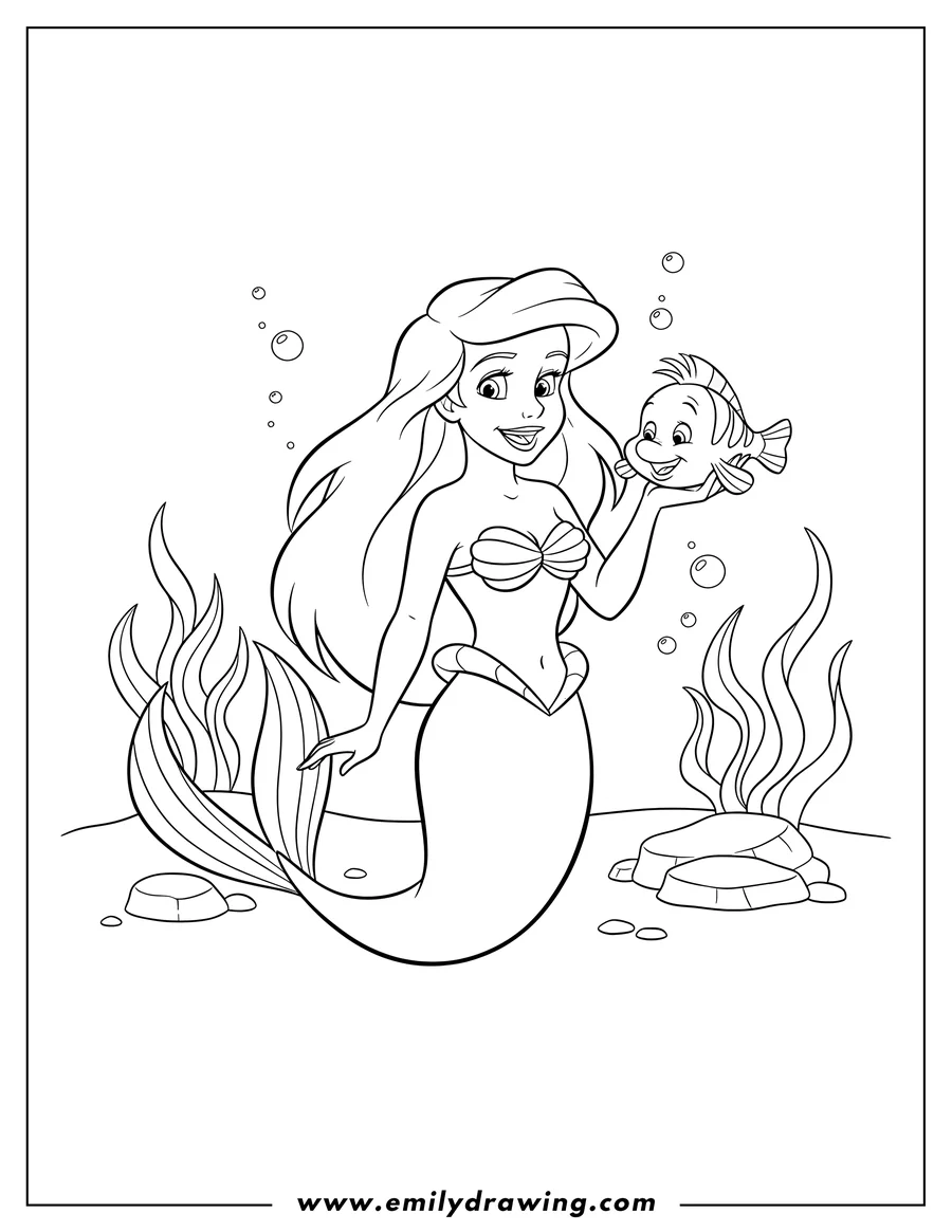 Doodle style coloring picture of ariel Under Sea With Flounder, smiling and holding him in her hand