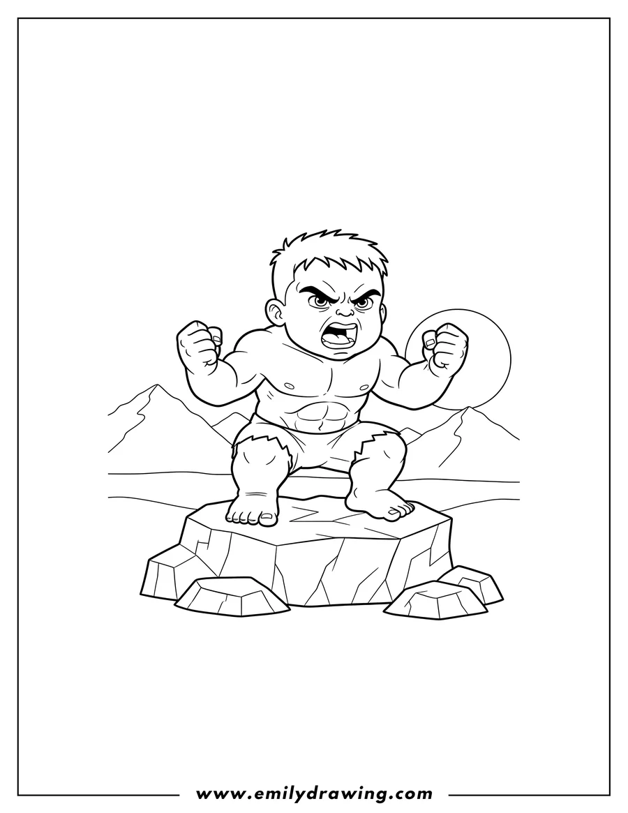 Coloring sheet featuring baby Hulk, angry, with clenched fists, squatting on a rock