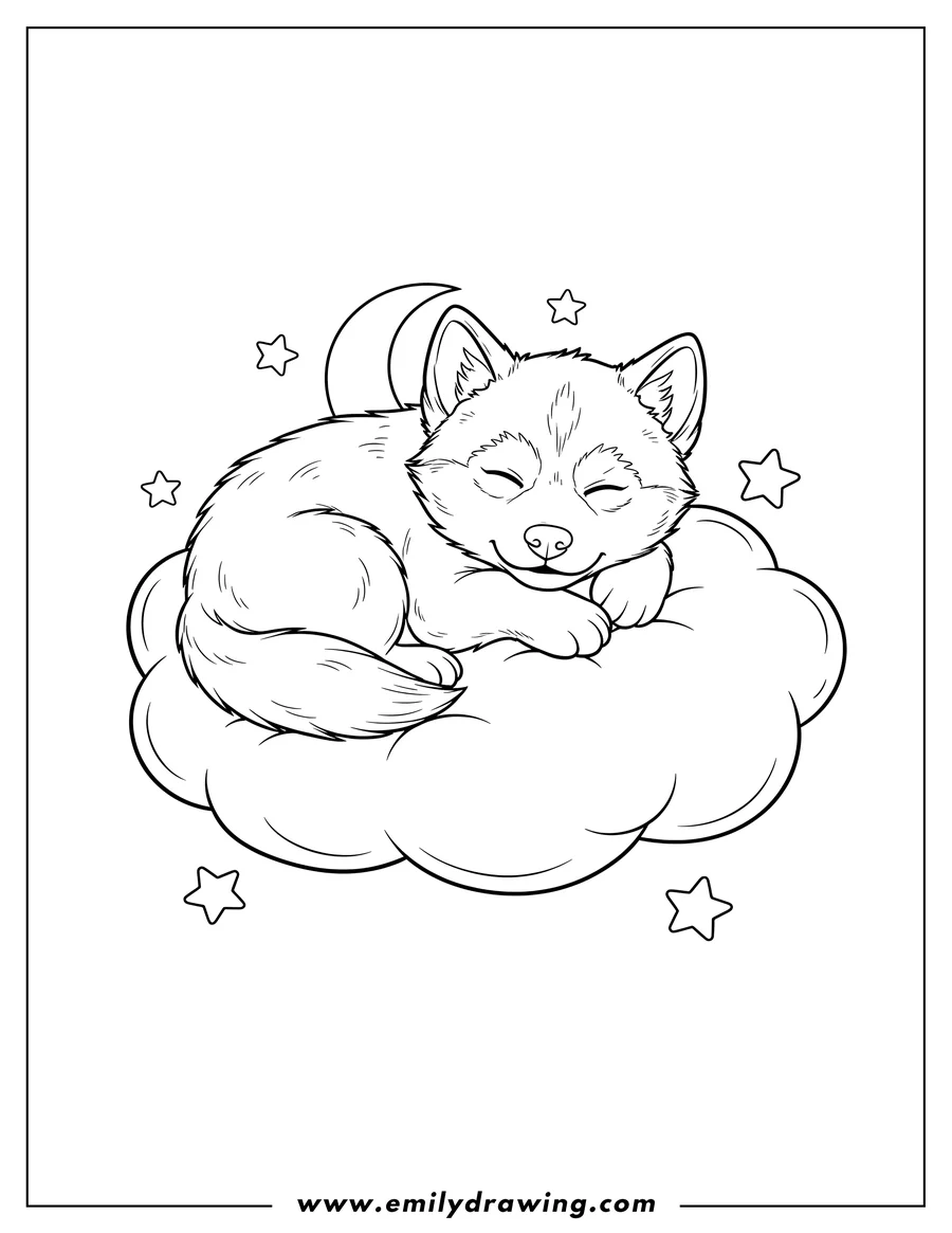 Free printable coloring sheet of baby Husky sleeping on a cloud
