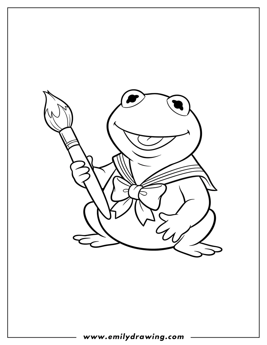 High quality printable baby Kermit Frog wearing a sailor top and holding a paintbrush for coloring