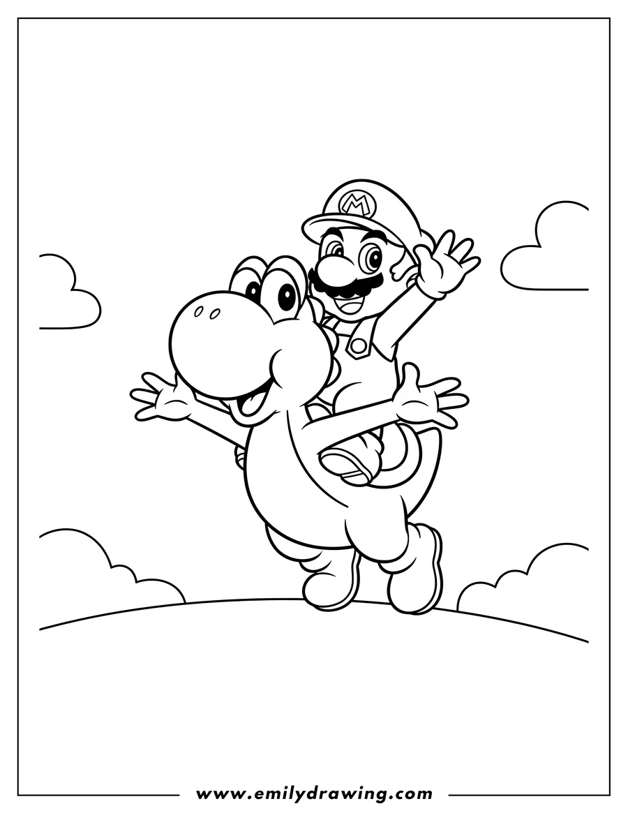 Printable line art of baby Mario riding Yoshi and waving, Yoshi with arms outstretched