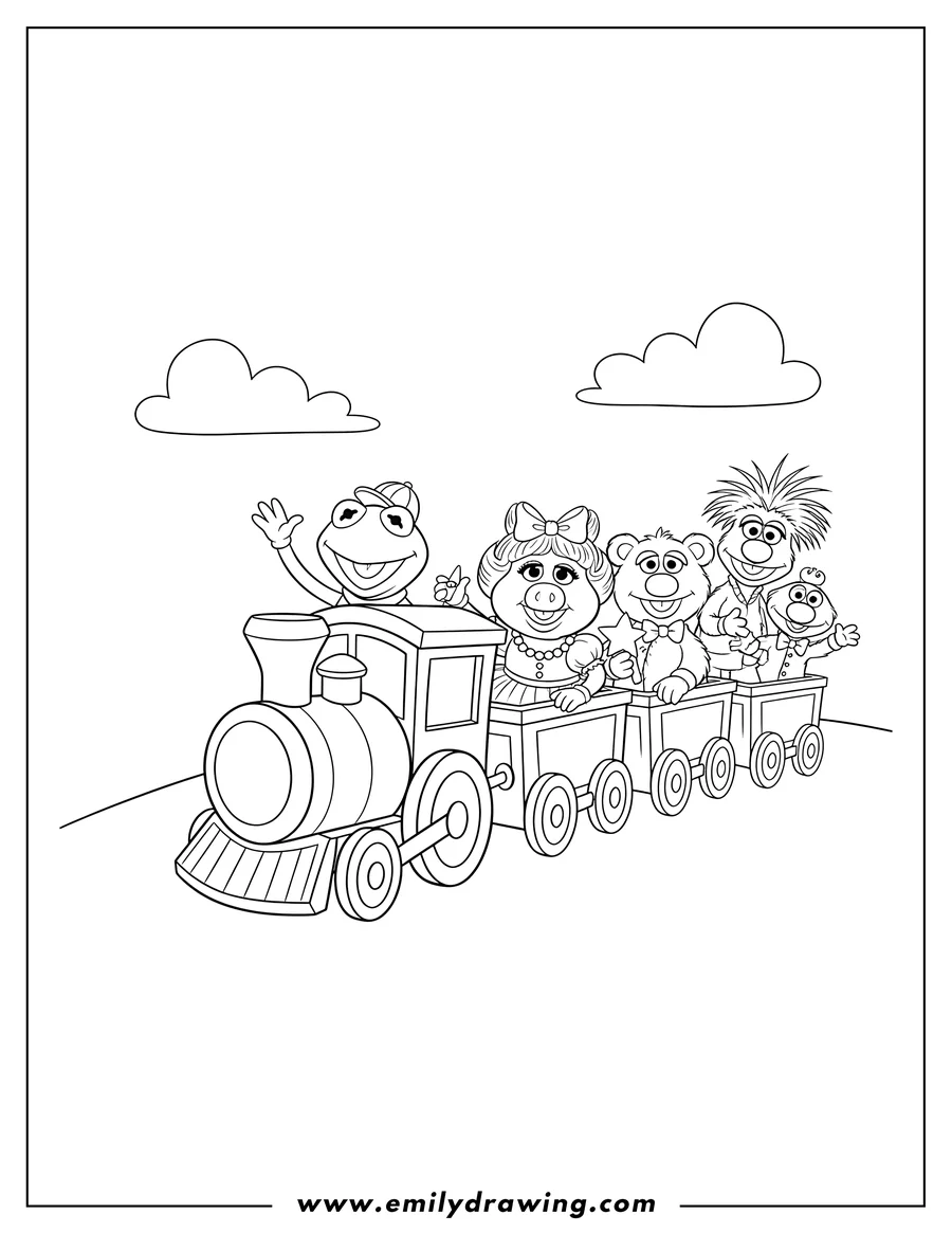 Doodle style coloring picture of baby Muppets riding a train, including Miss Piggy and Kermit