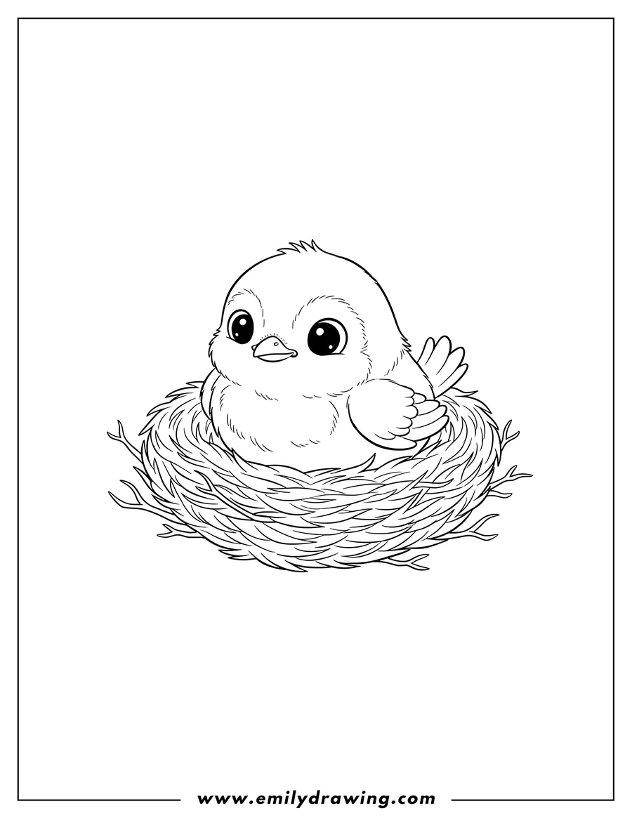 Free printable coloring sheet of baby Robin sitting in a round nest with fluffy feathers and twigs for preschoolers