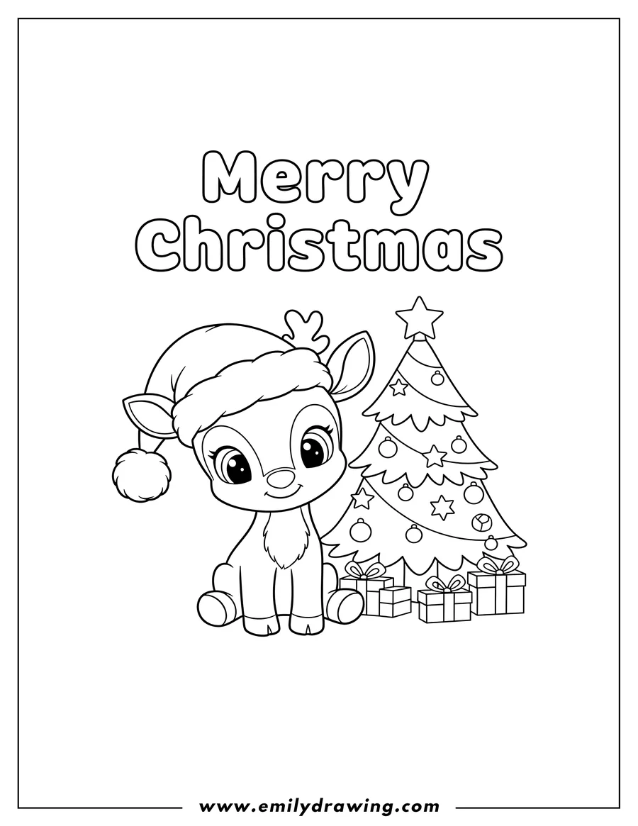 Outline drawing of baby Rudolph Reindeer sitting next to a Christmas tree, with Merry Christmas text and a Santa hat