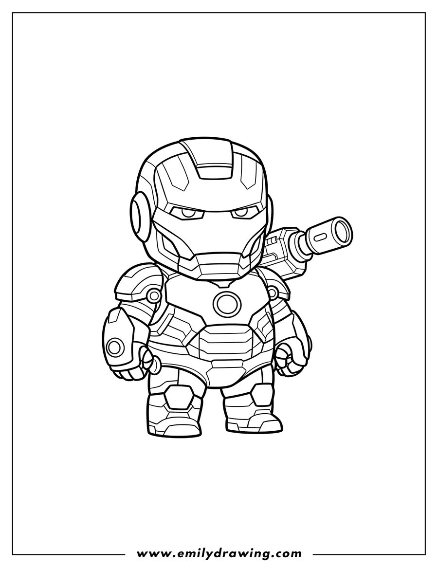 Simple sketch of baby War Machine Scaled, standing with a shoulder cannon to color