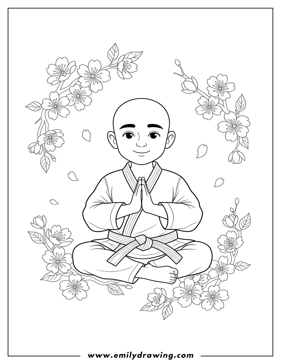 Full page coloring image of bald Karate Sensei in a gi with a belt, seated in a Zen pose with hands clasped in prayer, amid cherry blossoms