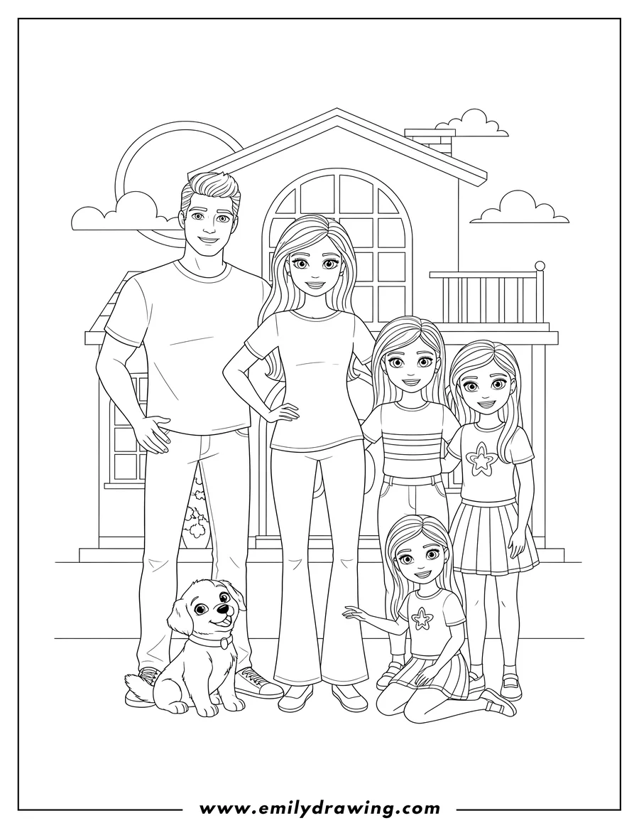 Printable line art of barbie And Dreamhouse Adventures Scaled characters posing for a group photo with a puppy