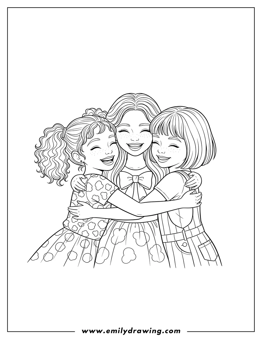 Coloring page for kids: barbie Friends Forever Scaled, three girls hugging and smiling